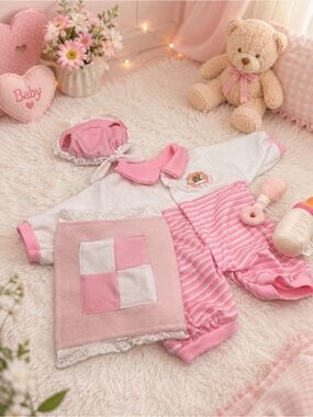 Build-A-Bear 5 Pc Pink Baby Outfit Set Pajamas Hat Blanket Bottle Rattle Plush
